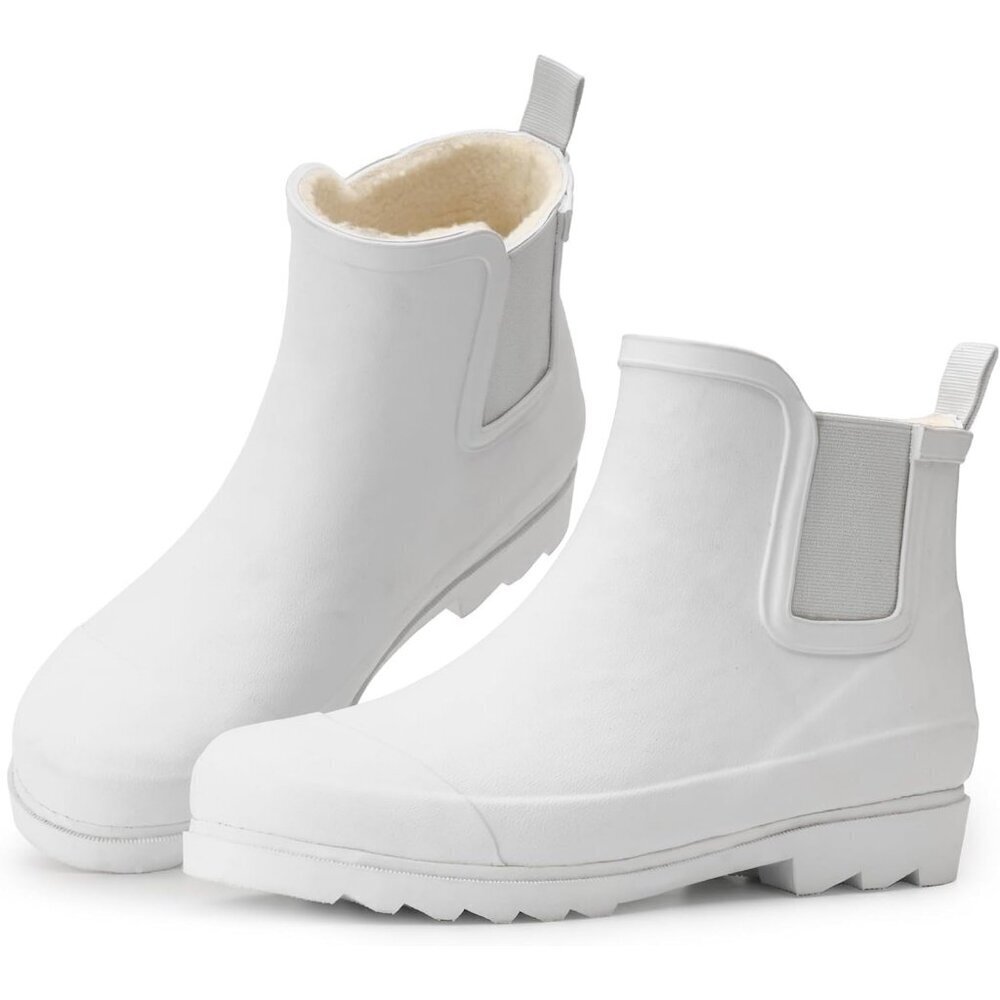 Women's White Waterproof Rain Boots with Plush Lining Non-Slip Winter Boots